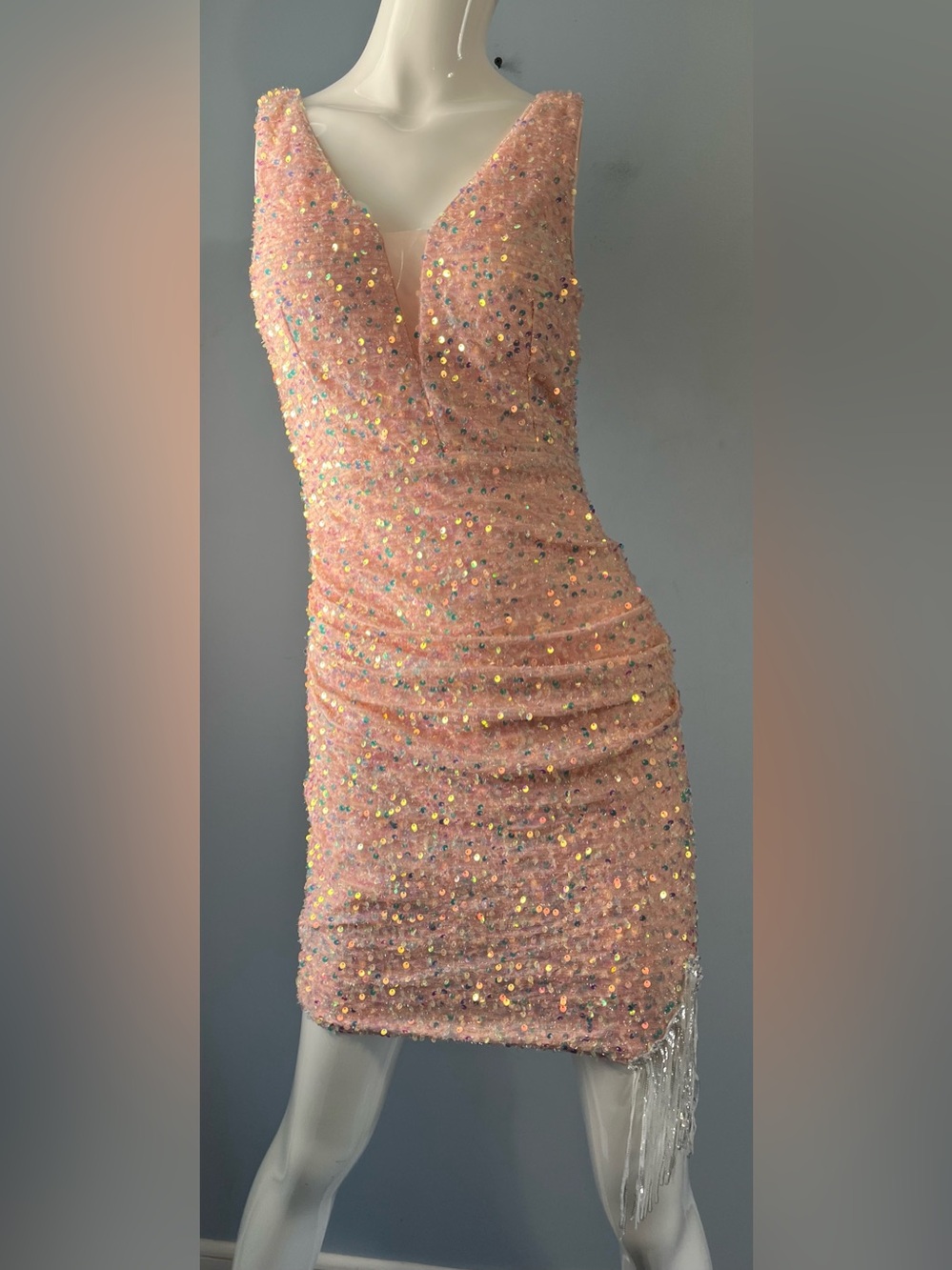 Miss Ord Sparkling Pink Sequin Fringe Bodycon Glam Mini Cocktail Dress Size S